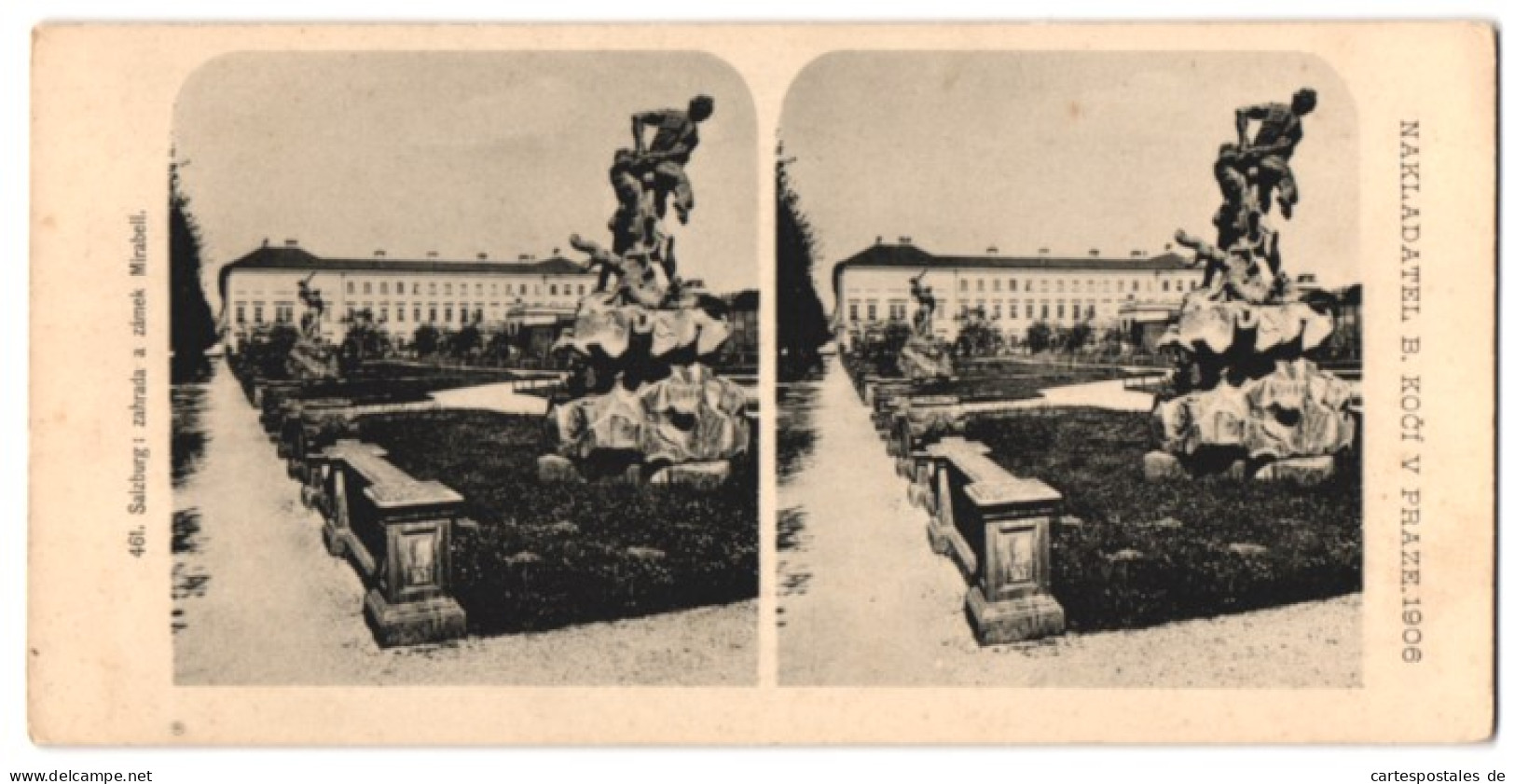 Stereo-Fotografie Lichtdruck Bedrich Koci, Prag, Ansicht Salzburg, Schloss Mirabell, Statue Im Schlosspark  - Stereoscopic