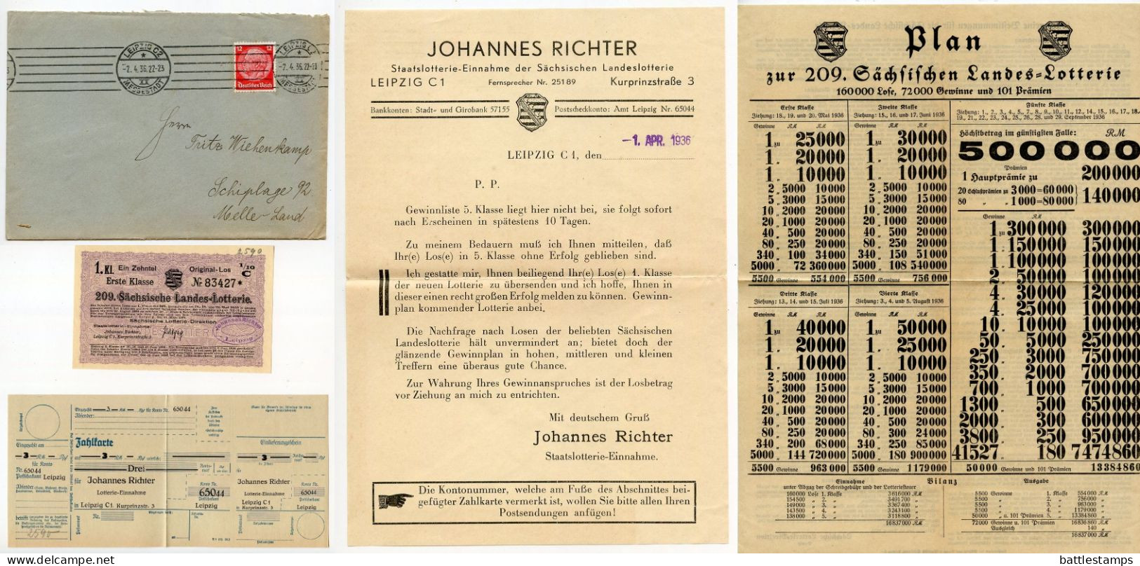 Germany 1936 Cover W/ Letter, Advert, Zahlkarte, Lottery Ticket; Leipzig - Saxon State Lottery; 12pf. Hindenburg - Cartas & Documentos