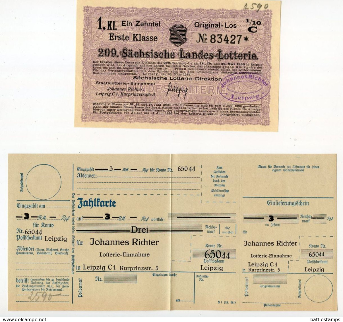 Germany 1936 Cover W/ Letter, Advert, Zahlkarte, Lottery Ticket; Leipzig - Saxon State Lottery; 12pf. Hindenburg - Covers & Documents