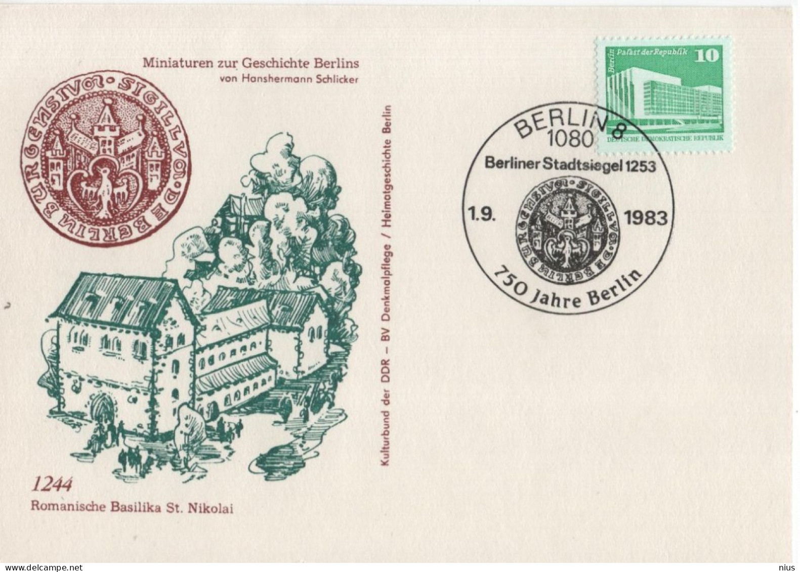 Germany Deutschland DDR 1983 Romanische Basilika St. Nikolai, 750 Jahre Berlin, Berliner Stadtsiegel - Postkaarten - Gebruikt