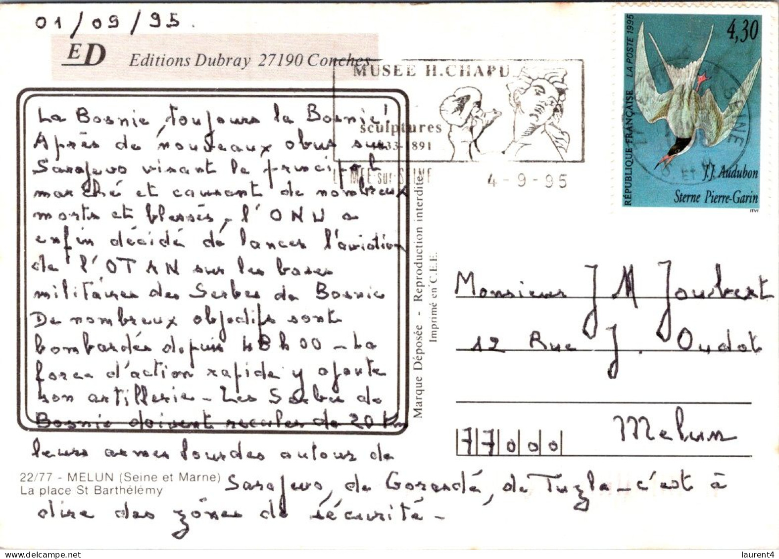 16-5-2024 (5 Z 18) France (posted 1995) Melun Place St Barthélémy  (with Audubon Bird Stamp) - Melun
