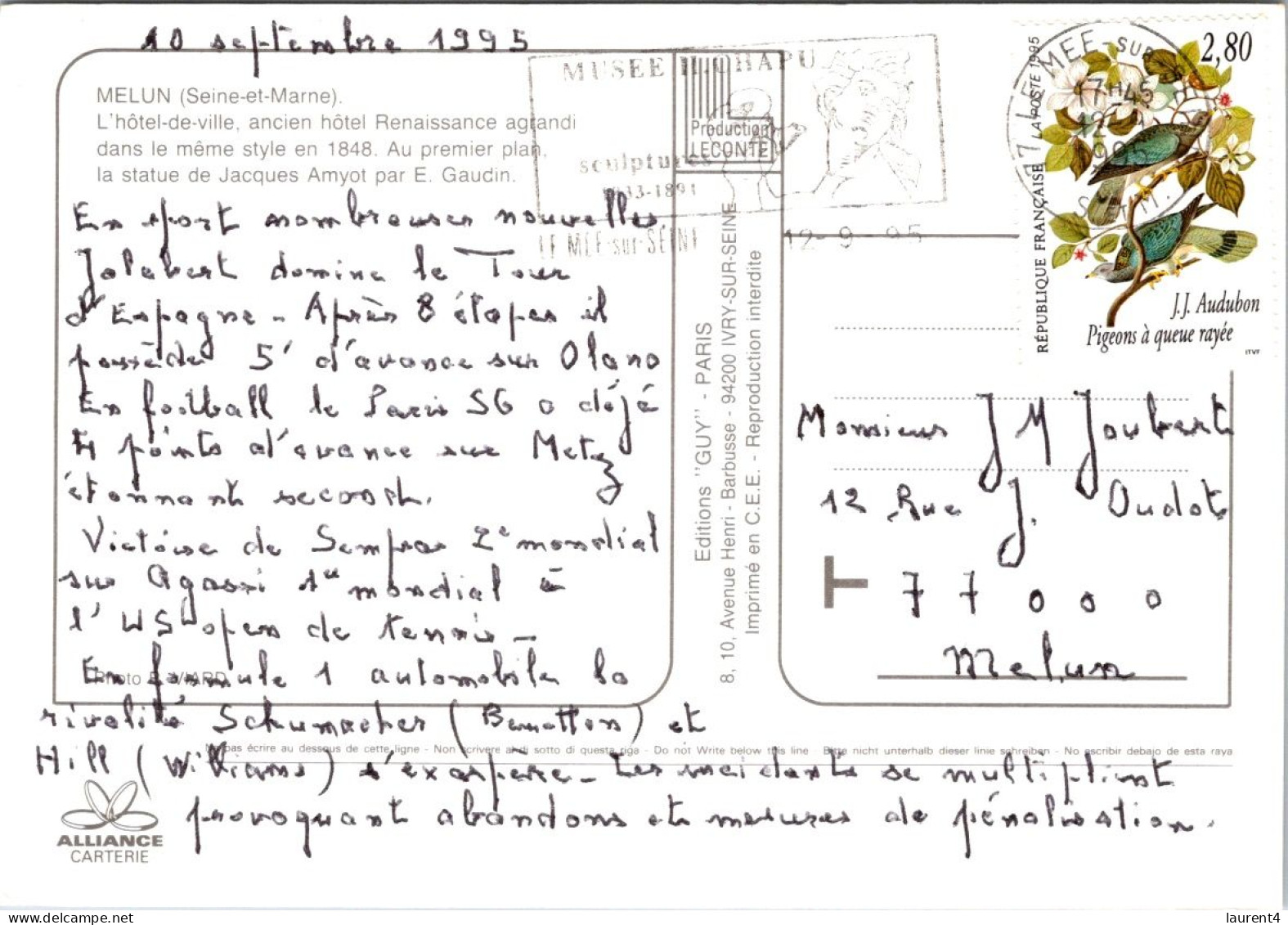 16-5-2024 (5 Z 18) France (posted 1995) Melun Hotel De Ville  (with Audubon Bird Stamp) - Melun