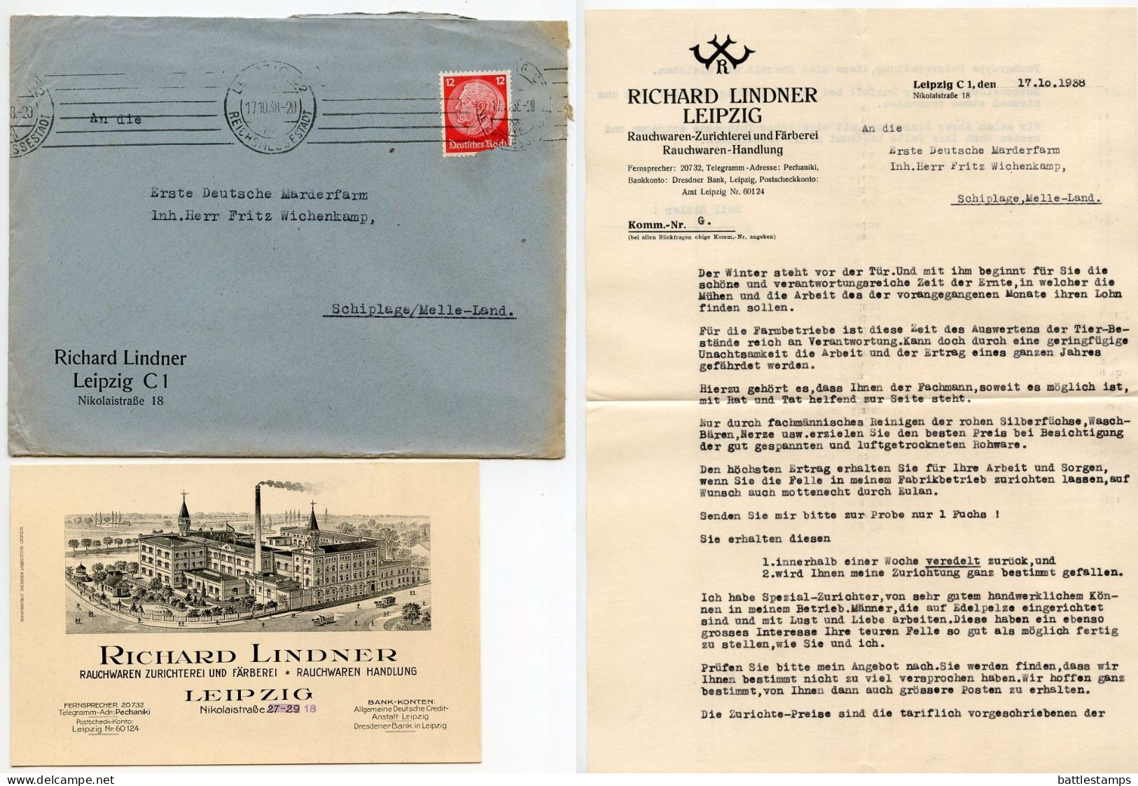 Germany 1938 Cover W/ Letter & Business Card; Leipzig - Richard Linder, Rauchwaren-Zurichterei; 12pf. Hindenburg - Lettres & Documents