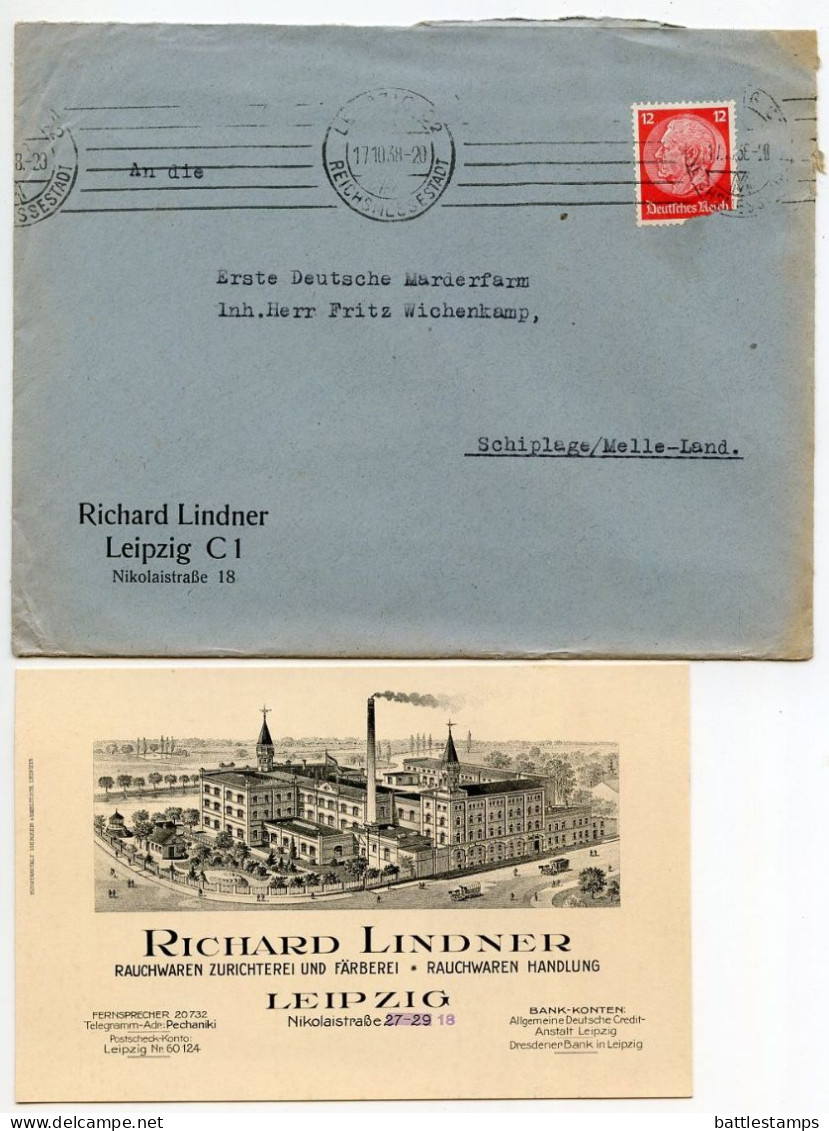 Germany 1938 Cover W/ Letter & Business Card; Leipzig - Richard Linder, Rauchwaren-Zurichterei; 12pf. Hindenburg - Lettres & Documents