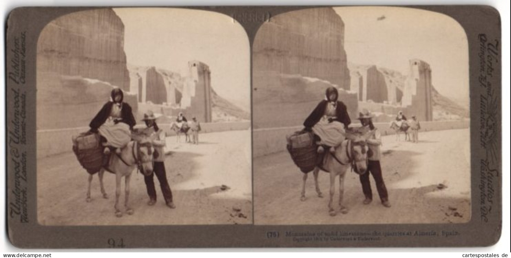 Stereo-Foto Underwood & Underwood, New York, Ansicht Almeria, Esel Vor Einem Kalkstein-Steinbruch  - Stereo-Photographie
