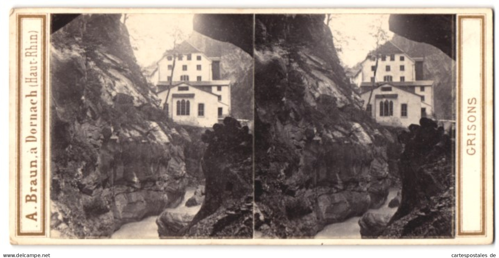 Stereo-Fotografie A. Braun, Dornach, Ansicht Bad Ragaz, Bains De Pfaefers, Vue Prise De La Gorge  - Stereoscopic