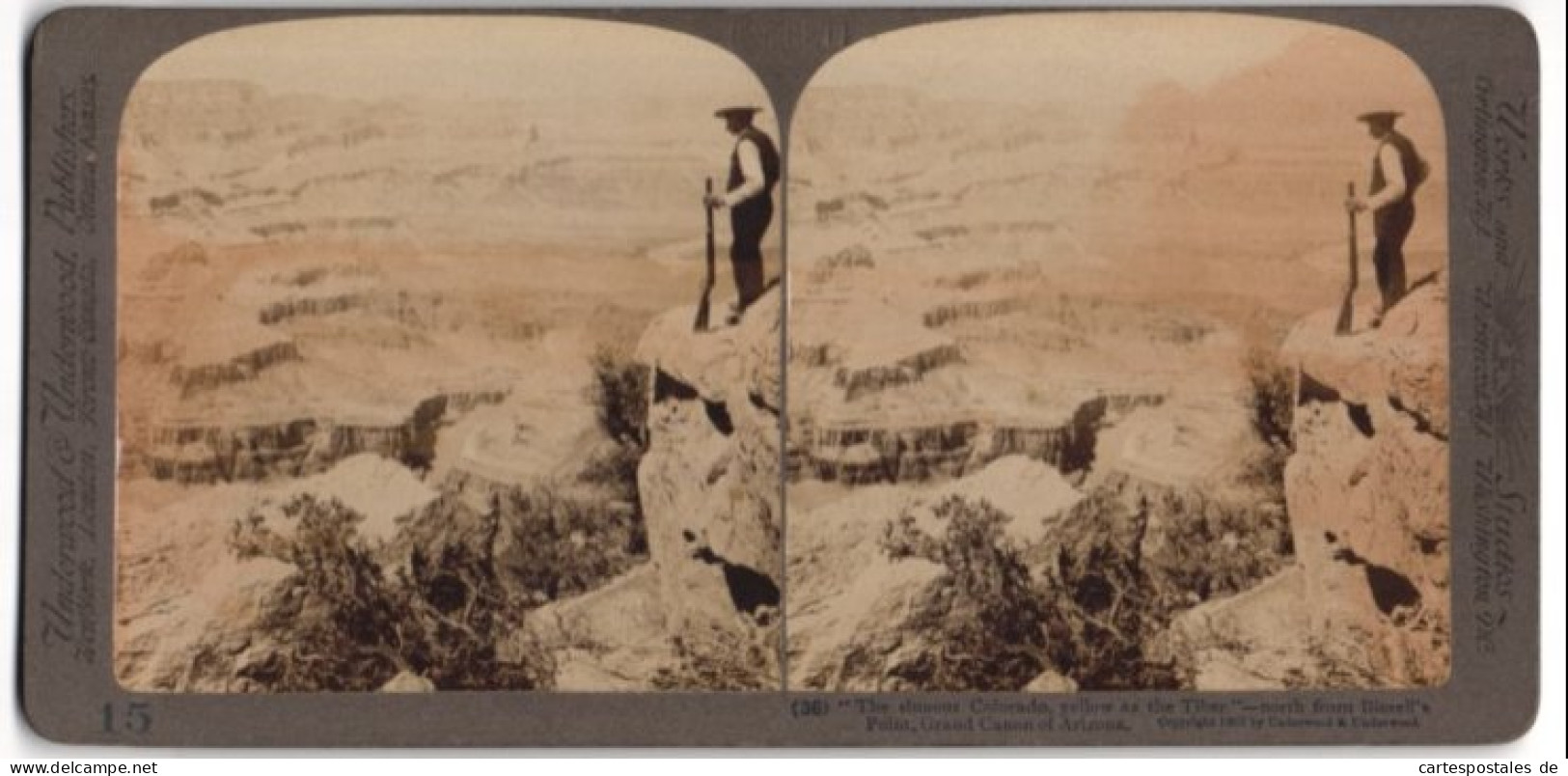 Stereo-Fotografie Underwood & Underwood, New York, Ansicht Bissel's Point / Arizona, Mann Mit Gewehr Am Grand Canyon  - Fotos Estereoscópicas