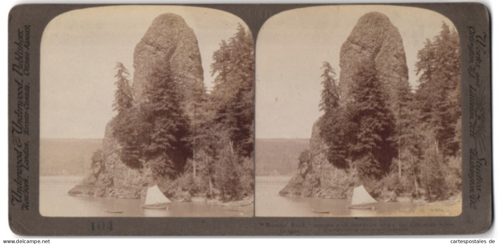 Stereo-Fotografie Underwood & Underwood, New York, Ansicht Oregon, Felsformation Rooster Rock Am Columbia River  - Stereoscopic