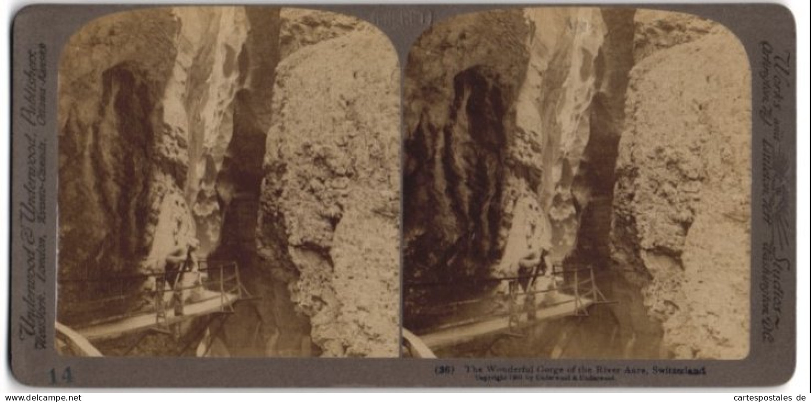 Stereo-Fotografie Underwood & Underwood, New York, Ansicht Meiringen, Wanderer In Der Aareschlucht  - Stereo-Photographie