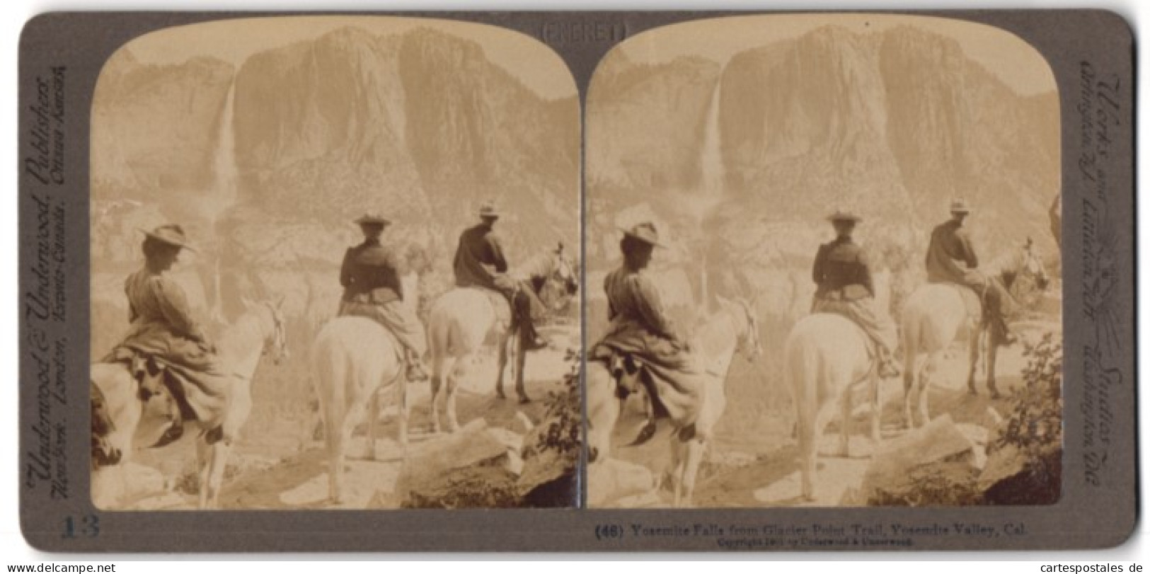 Stereo-Fotografie Underwood & Underwood, New York, Ansicht Glacier Point / CA, Reiter Vor Yosemite Falls  - Photos Stéréoscopiques