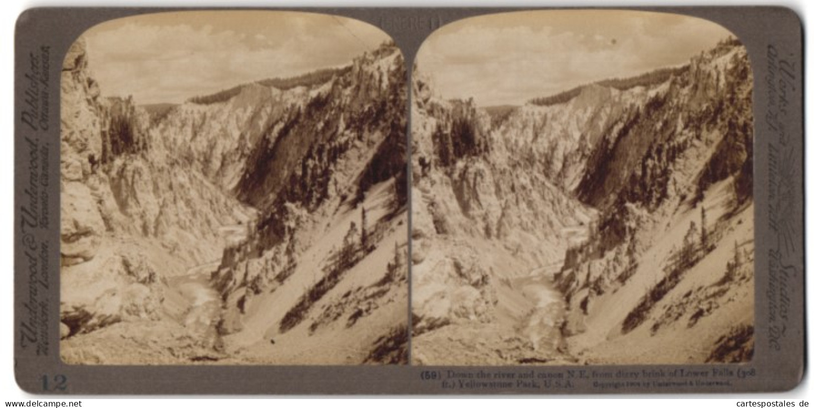 Stereo-Fotografie Underwood & Underwood, New York, Ansicht Yellowstone Park, Down The River & Canyon  - Photos Stéréoscopiques