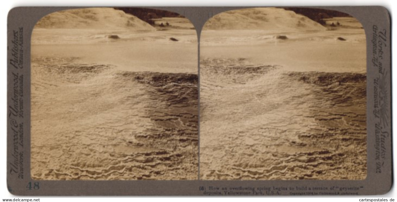 Stereo-Fotografie Underwood & Underwood, New York, Ansicht Yellowstone Park, Geysir Bildet Eine Terrasen-Formation  - Stereoscopic