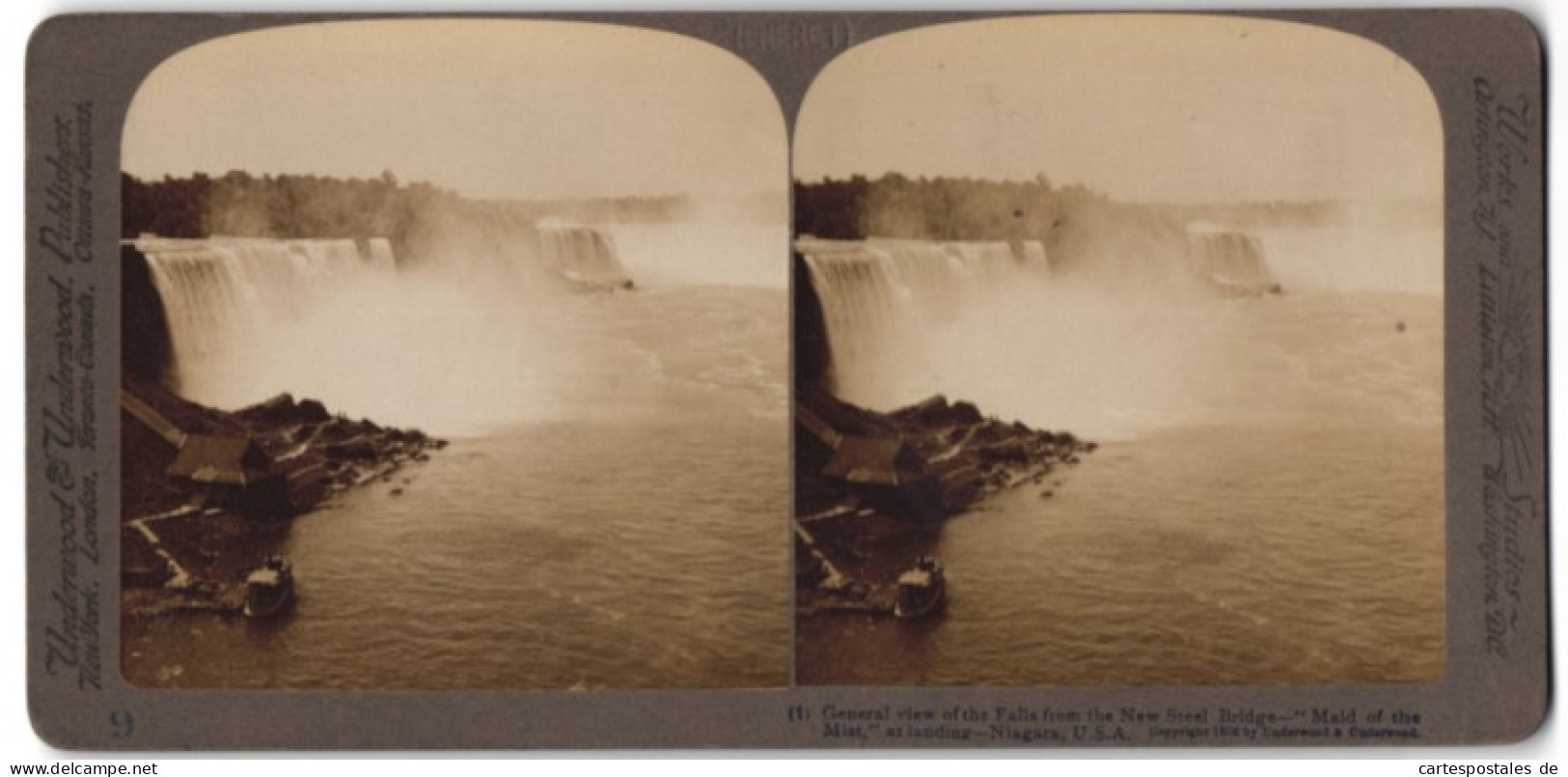 Stereo-Fotografie Underwood & Underwood, New York, Ansicht Niagara Falls / NY, Dampfer Maid Of The Mist Am Niagarafall  - Photos Stéréoscopiques