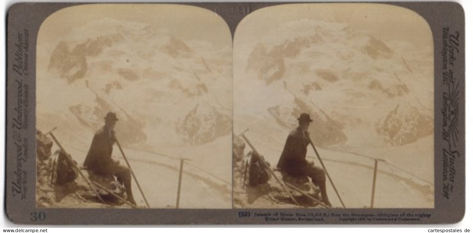 Stereo-Fotografie Underwood & Underwood, New York, Ansicht Monte Rosa, Bergsteiger Auf Dem Gipfel  - Photos Stéréoscopiques