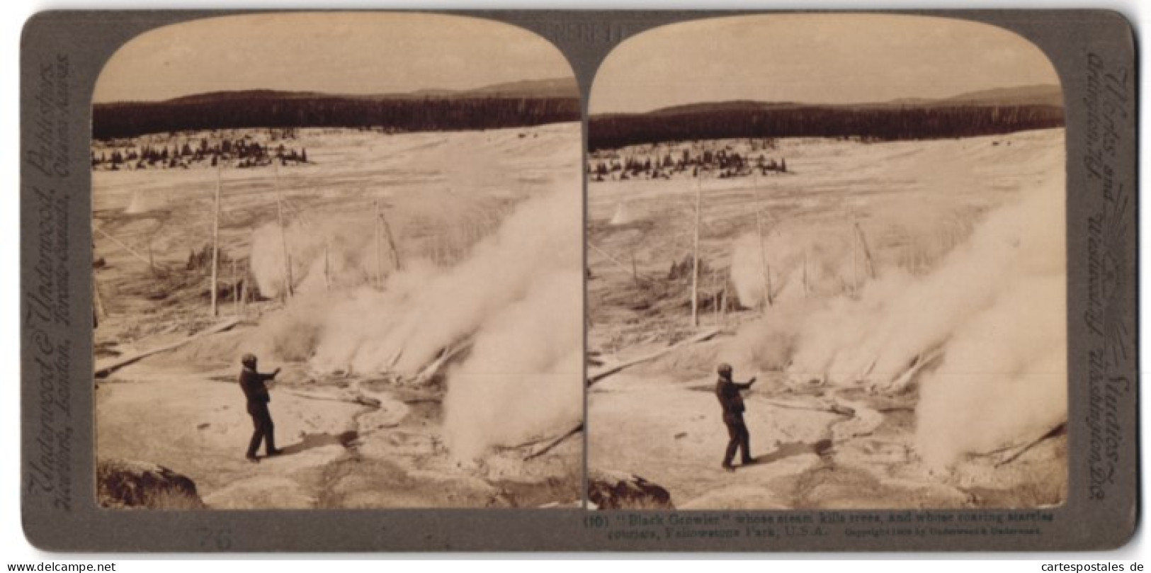 Stereo-Fotografie Underwood & Underwood, New York, Ansicht Yellowstone Park, Giftiger Dampf DesBlack Growler Geysir  - Photos Stéréoscopiques