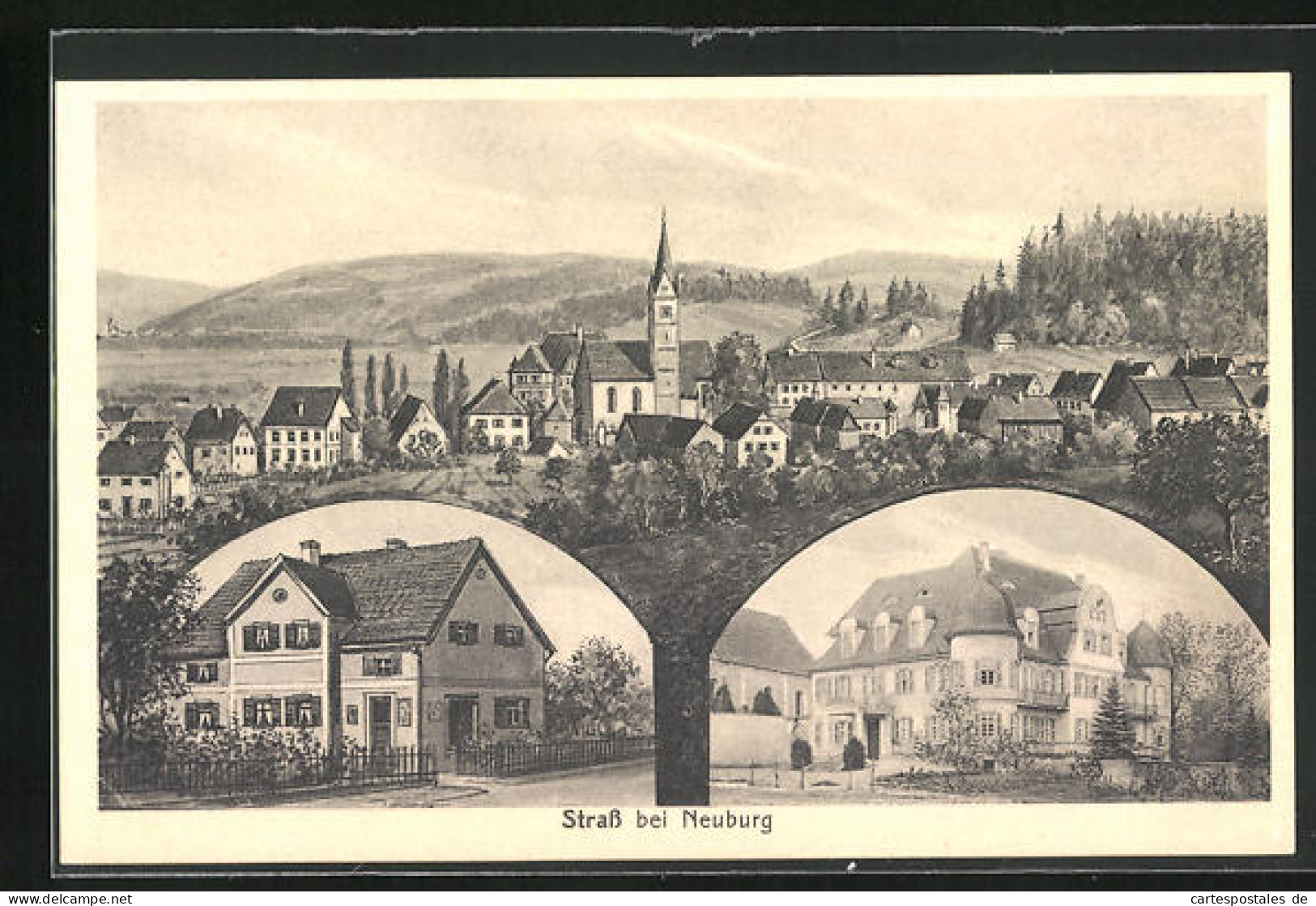 AK Strass B. Neuburg, Wohnhaus, Gebäudeansicht, Panorama Mit Kirche  - Neuburg