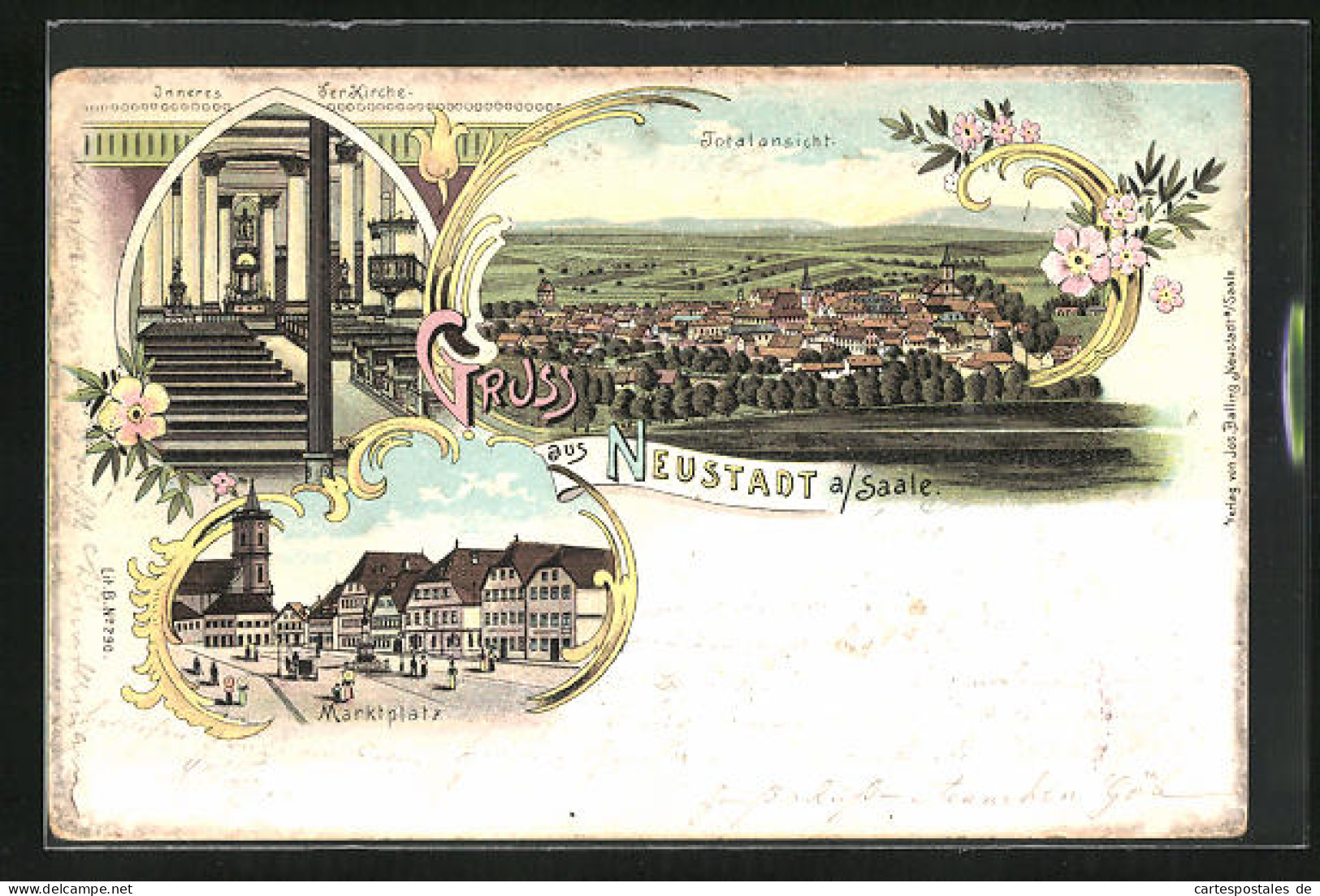 Lithographie Neustadt /Saale, Marktplatz, Inneres Der Kirche, Totalansicht  - Other & Unclassified