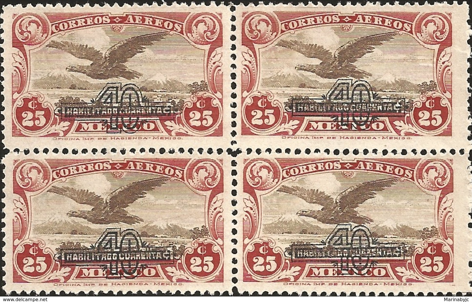 RJ) 1928 MEXICO, BLOCK OF 4, EAGLE OVER MOUNTAINS, WITH OVERPRINT IN BLACK SCOTT C47, MNH - Messico