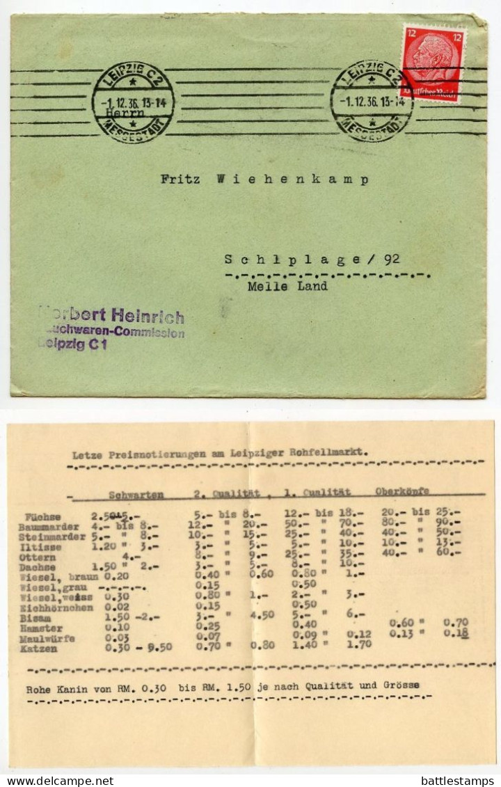 Germany 1936 Cover W/ Letter & Price List; Leipzig - Herbert Heinrich, Rauchwaren-Commission; 12pf. Hindenburg - Covers & Documents