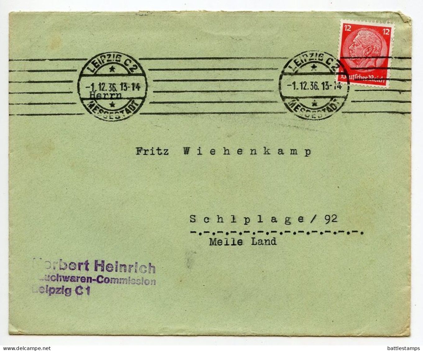 Germany 1936 Cover W/ Letter & Price List; Leipzig - Herbert Heinrich, Rauchwaren-Commission; 12pf. Hindenburg - Brieven En Documenten