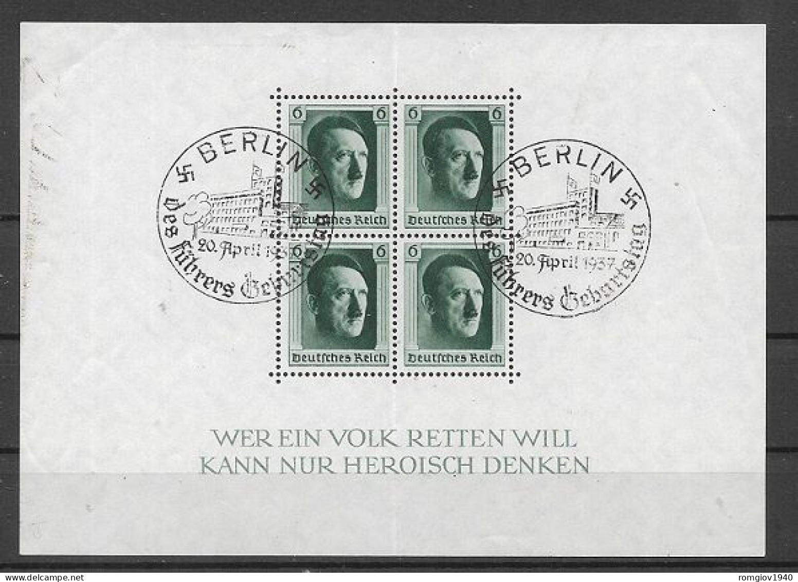 GERMANIA REICH TERZO REICH 1937 48° COMPLEANNO DI ADOLF HITLER  FOGLIETTO  8 USATO VF - Unused Stamps