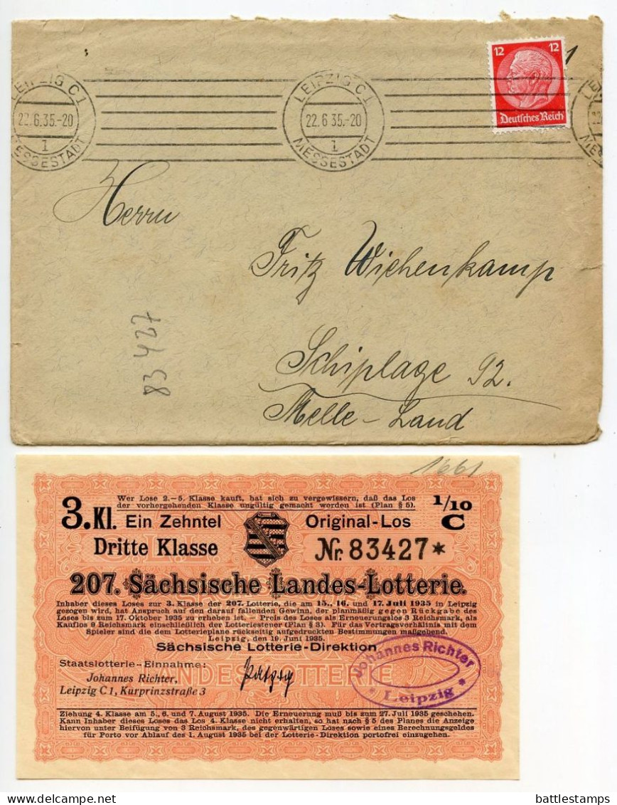 Germany 1935 Cover W/ Letter, Advert, Zahlkarte, Lottery Ticket; Leipzig - Saxon State Lottery; 12pf. Hindenburg - Lettres & Documents
