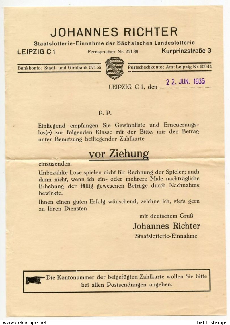 Germany 1935 Cover W/ Letter, Advert, Zahlkarte, Lottery Ticket; Leipzig - Saxon State Lottery; 12pf. Hindenburg - Lettres & Documents