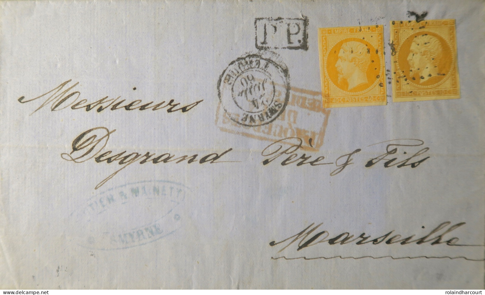 A545 - POSTE MARITIME - PAQUEBOT " NEVA " - LETTRE (LAC) SMYRNE (TURQUIE) 24 JUILLET 1860 à MARSEILLE - Maritieme Post