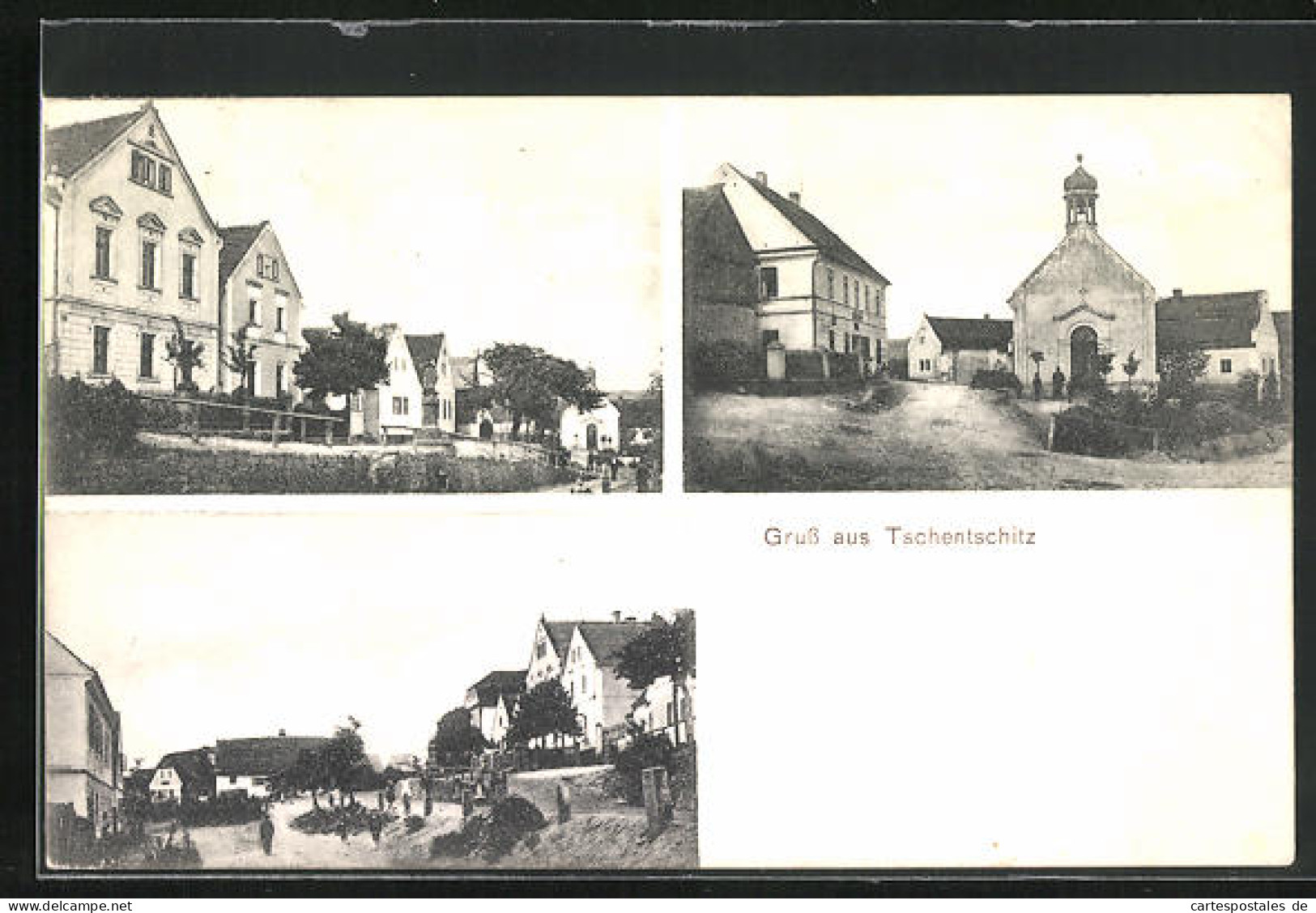 AK Tschentschitz, Ortspartie, Strassenpartie, Kirche  - Tschechische Republik