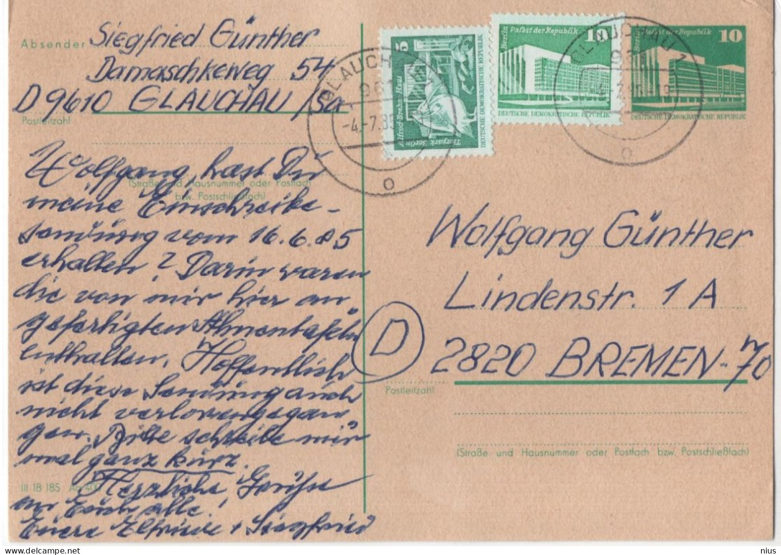 Germany Deutschland DDR 1985 Canceled In Glauchau - Postales - Usados