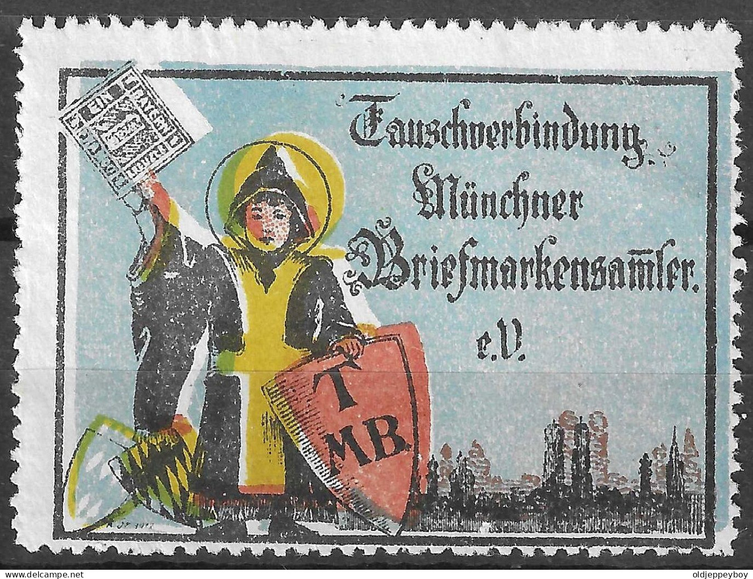 VIGNETTE Reklamemarke Tauschverbindung Münchner Briefmarkensammler E.V., Münchner Kindl Und Stadtsilhouette Münchens - Cinderellas