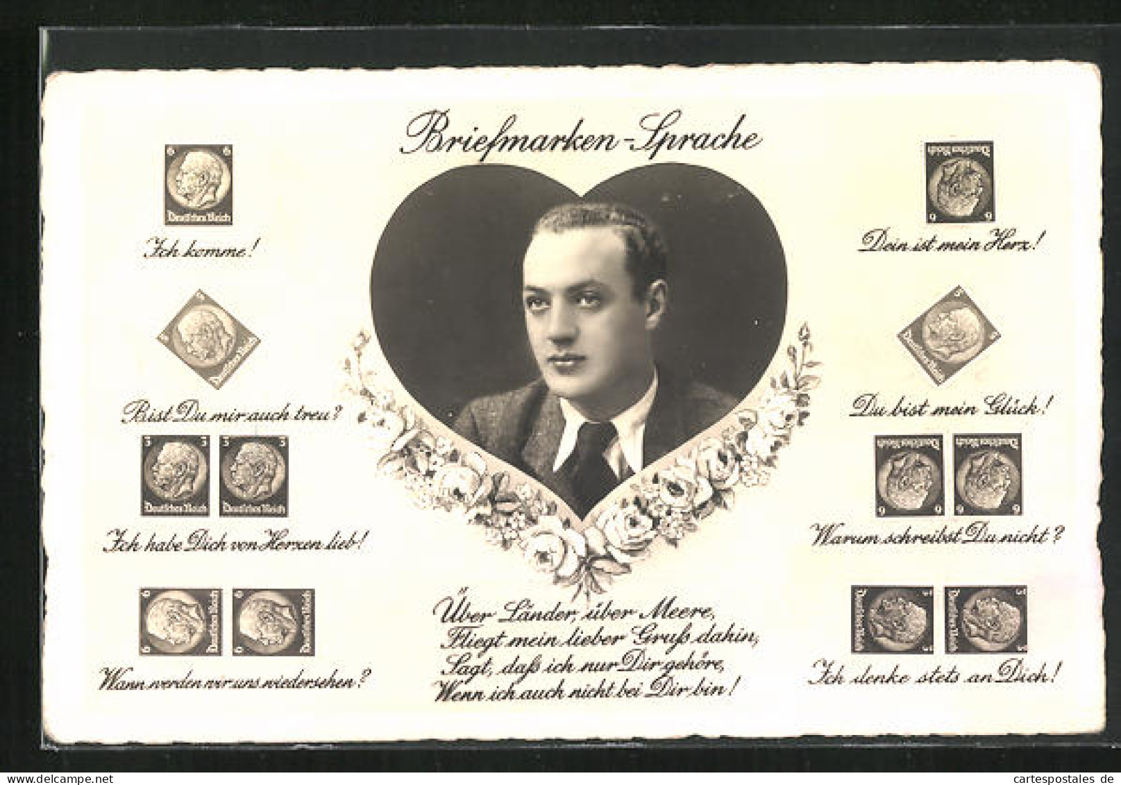 AK Briefmarkensprache, Junger Kavalier Im Herzrahmen  - Briefmarken (Abbildungen)