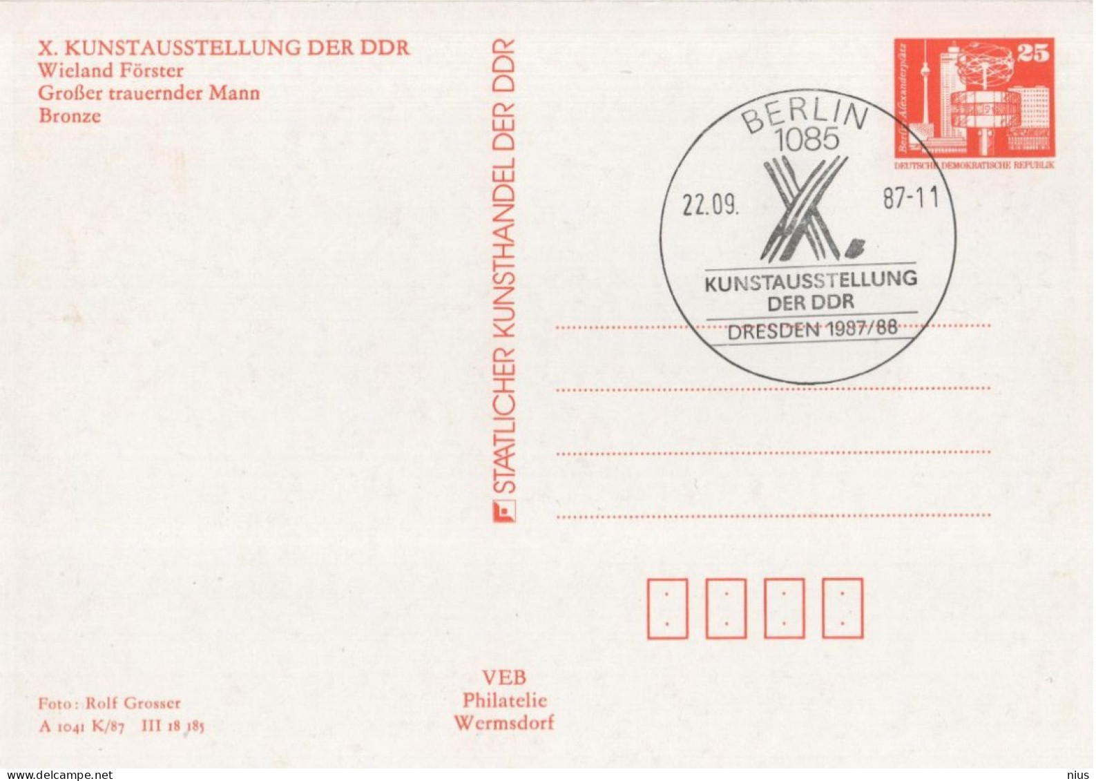 Germany Deutschland DDR 1987 Kunstausstellung, Wieland Forster, Grosser Trauernder Mann, Canceled In Berlin - Cartes Postales - Oblitérées