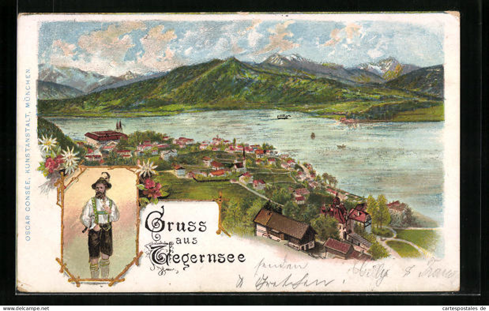 Lithographie Tegernsee, Totalansicht, Bua In Tracht  - Tegernsee