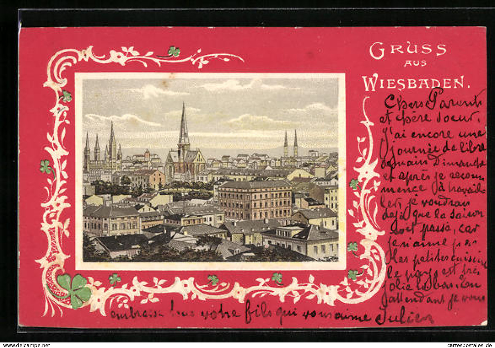 Passepartout-Lithographie Wiesbaden, Teilansicht Mit Kirche  - Wiesbaden