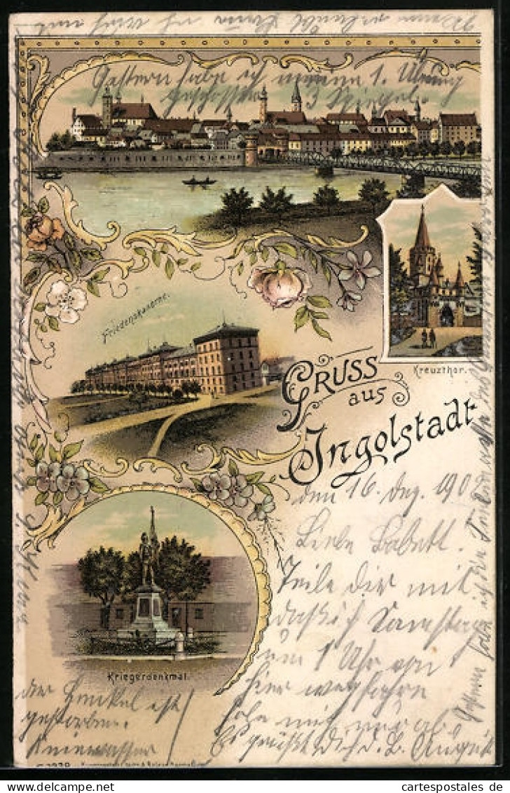 Lithographie Ingolstadt, Friedenskaserne, Kreuztor, Kriegerdenkmal  - Ingolstadt