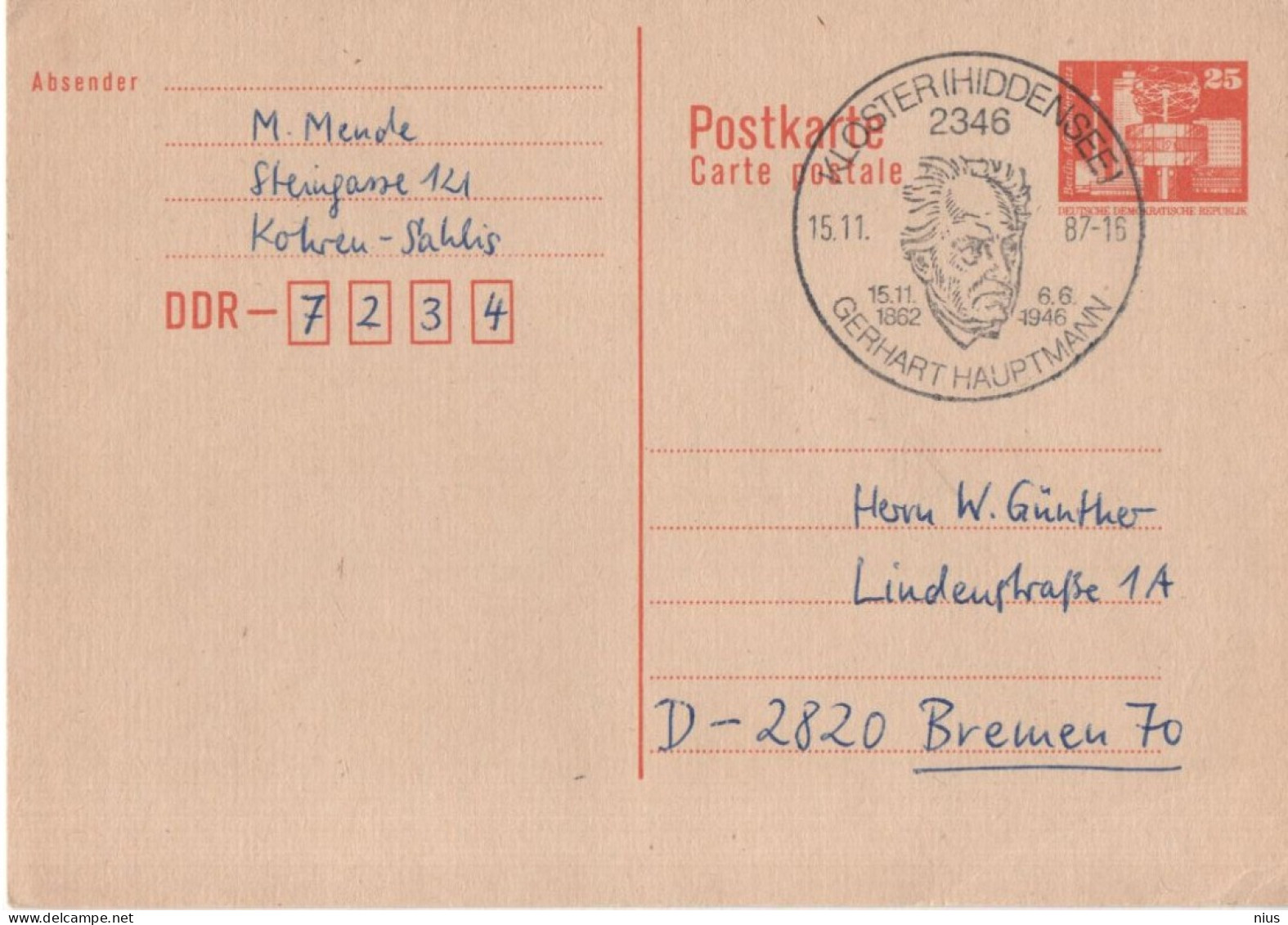 Germany Deutschland DDR 1987 Gerhart Hauptmann, German Dramatist Novelist Writer, Canceled In Kloster Hiddensee - Cartes Postales - Oblitérées