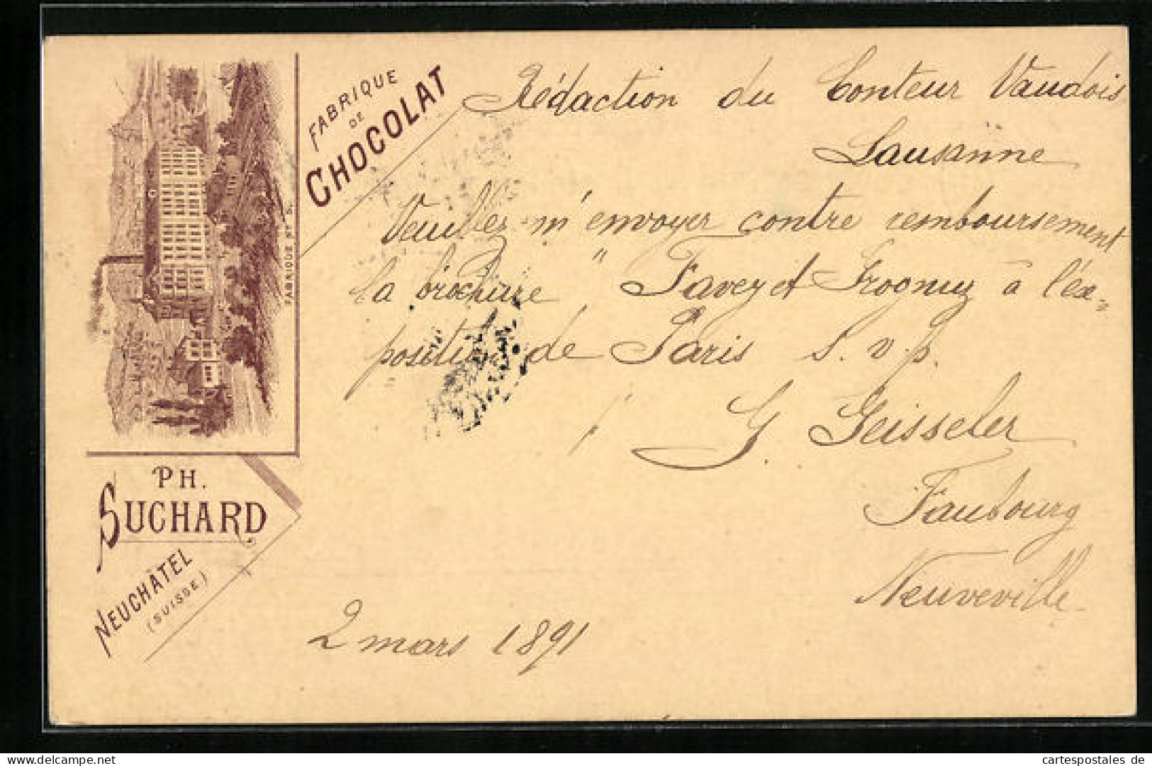Vorläufer-Lithographie Neuchatel, 1891, Chocolat Suchard, Fabrique No. 5  - Landwirtschaftl. Anbau