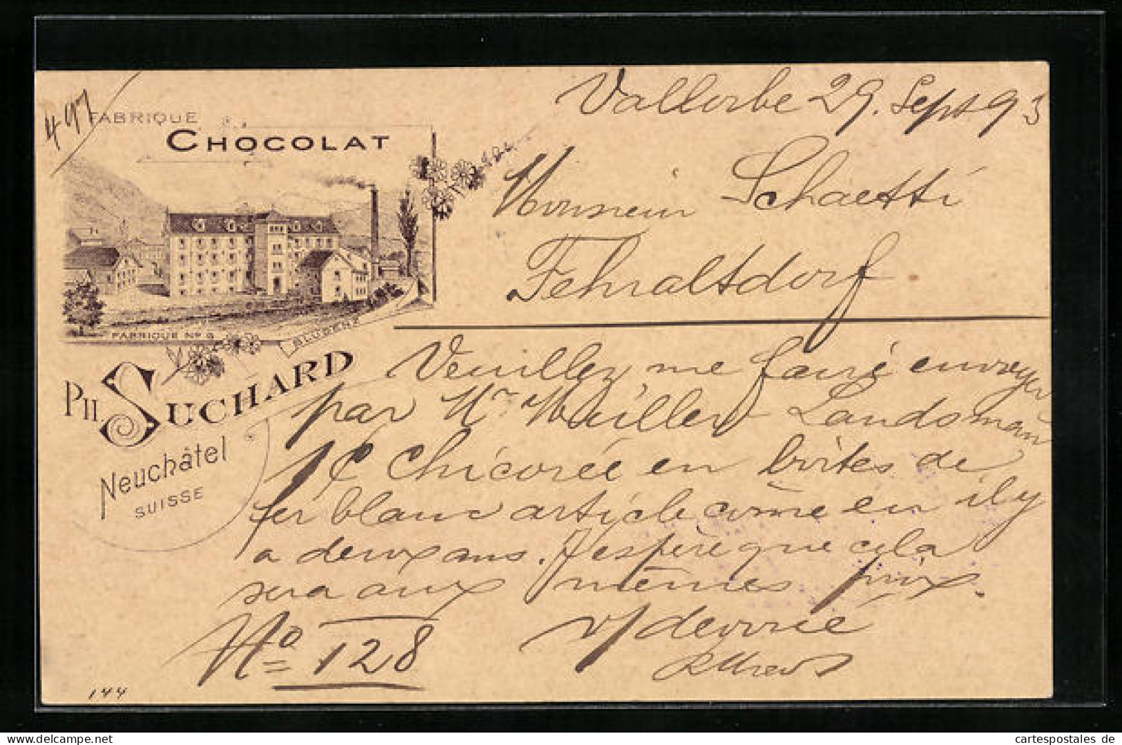 Vorläufer-Lithographie Neuchatel, 1893, Chocolat Suchard, Fabrique No. 6  - Landwirtschaftl. Anbau