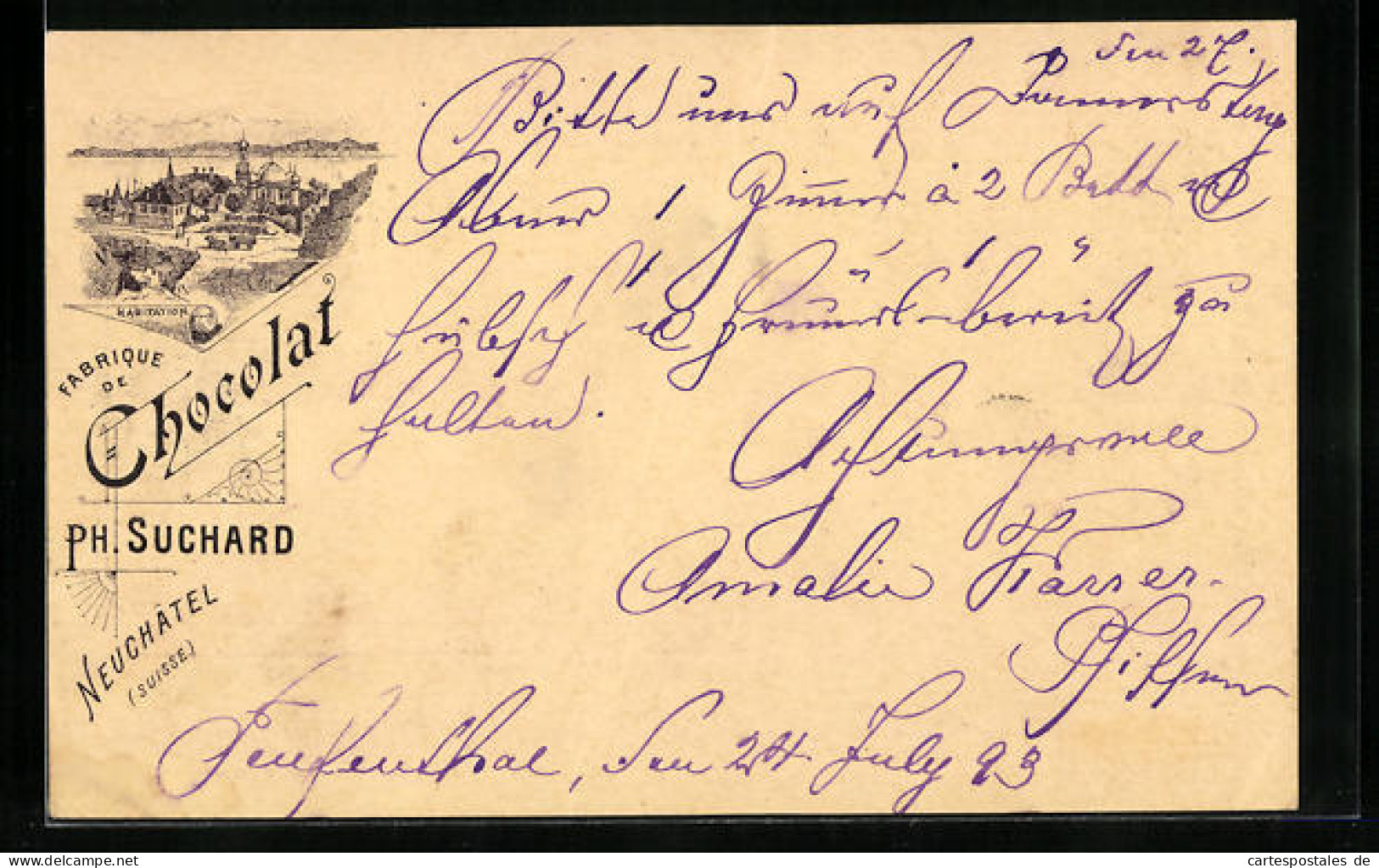Vorläufer-Lithographie Neuchatel, 1893, Chocolat Suchard, Habitation  - Landwirtschaftl. Anbau