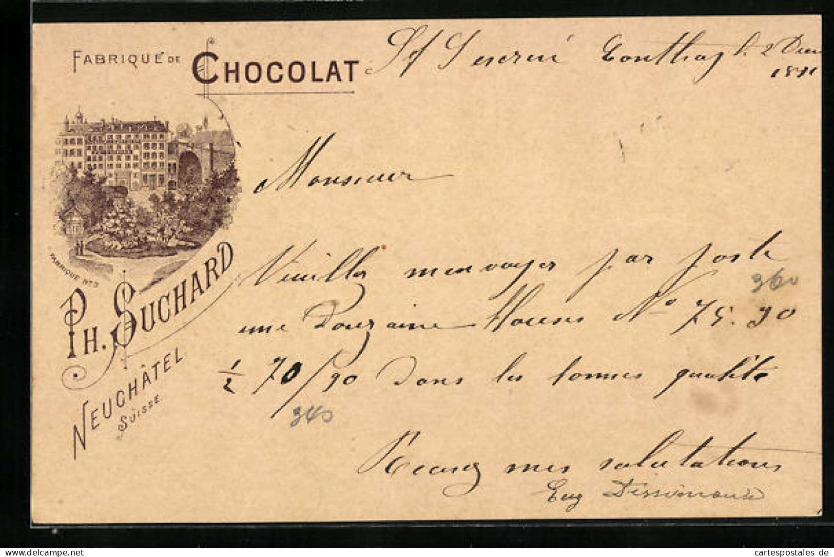 Vorläufer-Lithographie Neuchatel, 1891, Chocolat Suchard, Fabrique No. 3  - Cultures