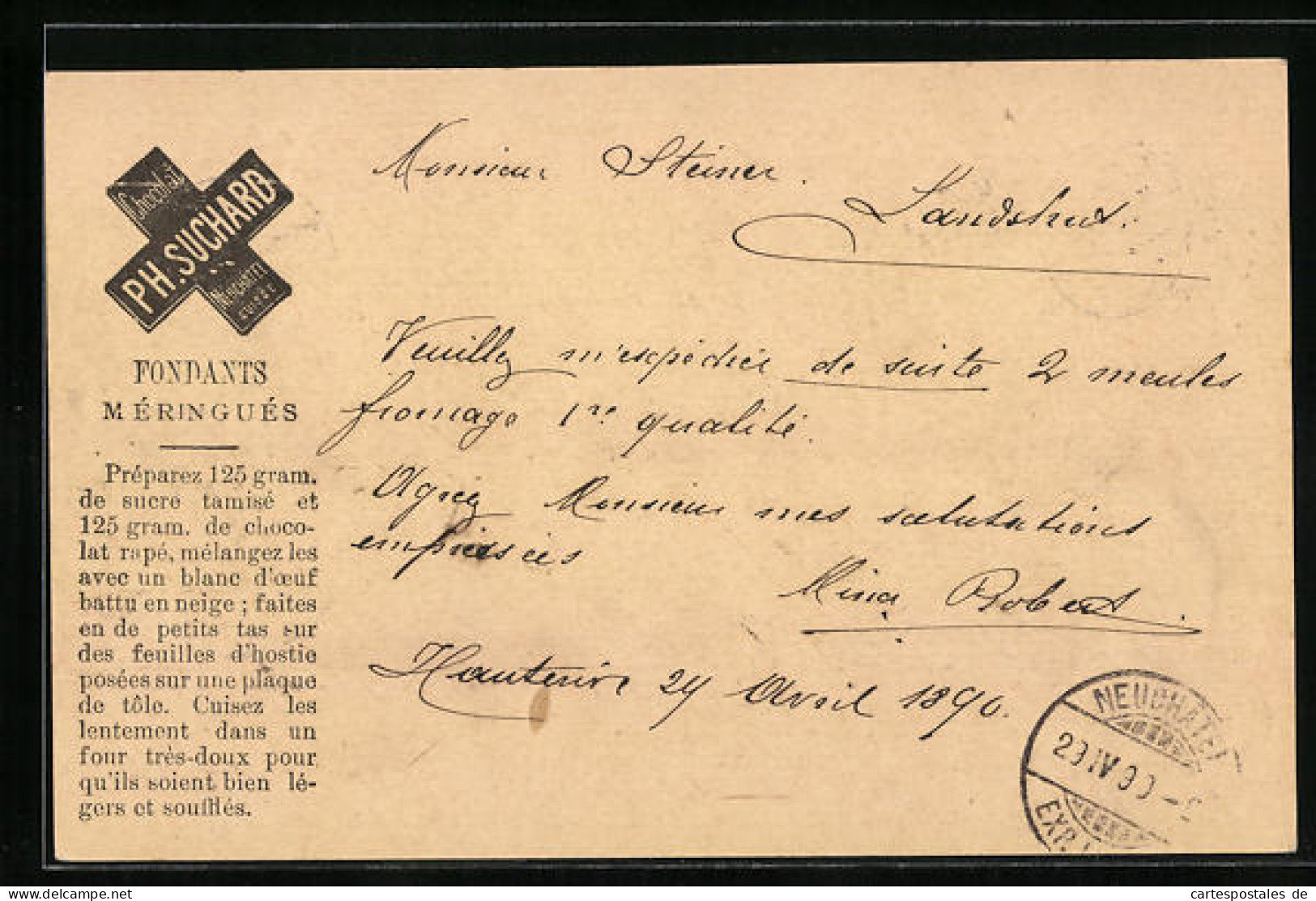 Vorläufer-AK Neuchatel, 1890, Fabrique De Chocolat Suchard, Fondants Méringués  - Cultures
