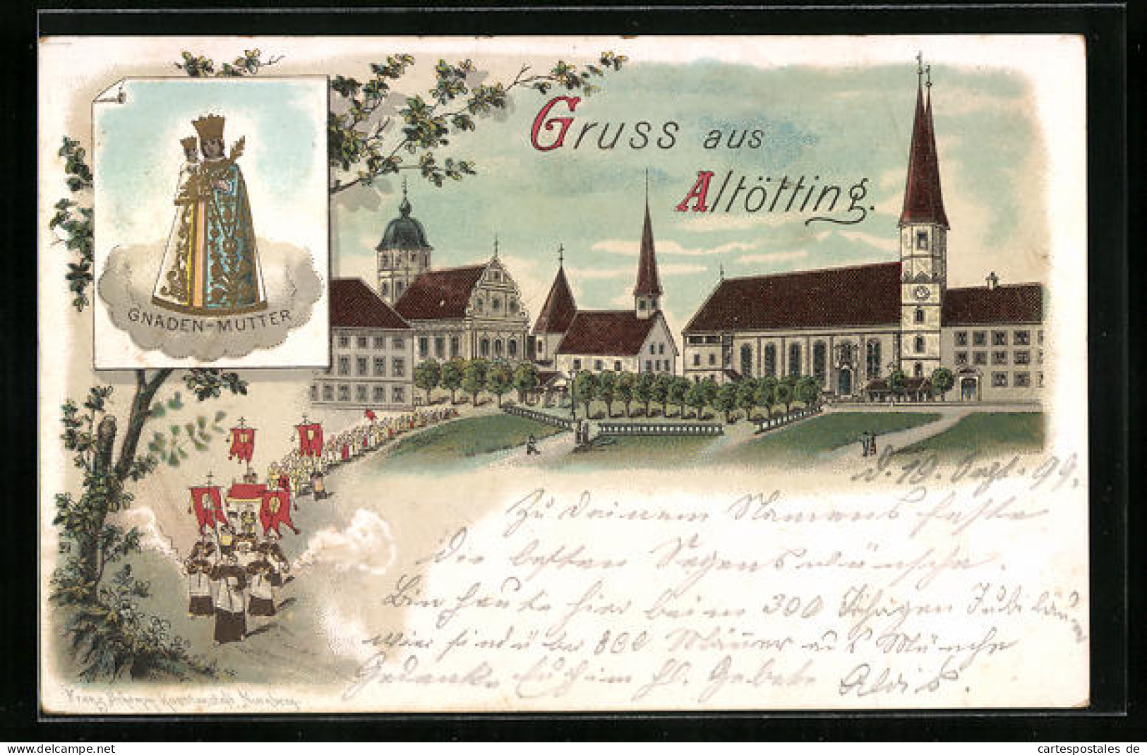Lithographie Altötting, Gnaden-Mutter, Kirche Mit Prozession  - Altoetting