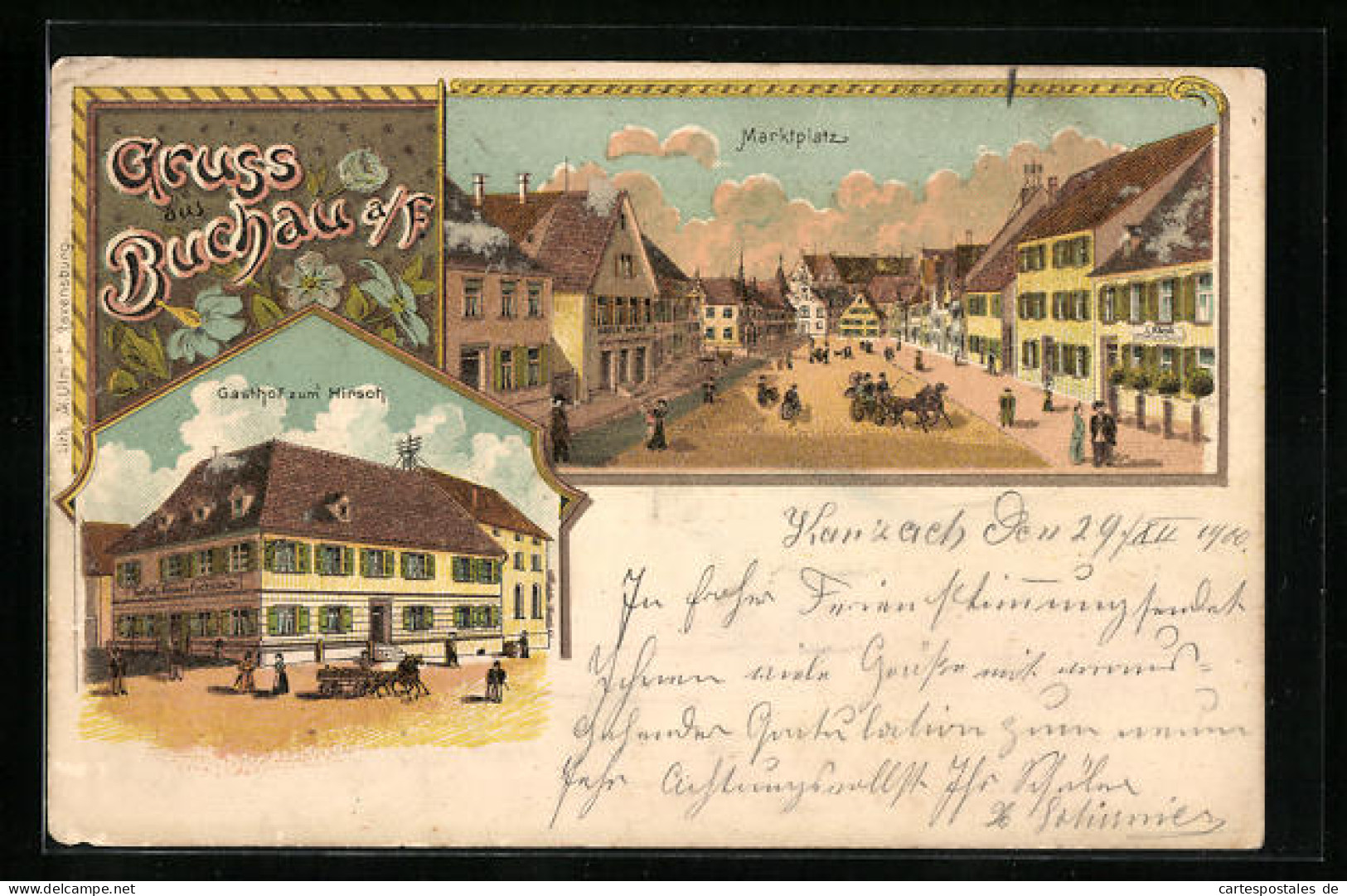 Lithographie Buchau A /F., Gasthof Zum Hirsch, Marktplatz Mit Geschäft  - Bad Buchau