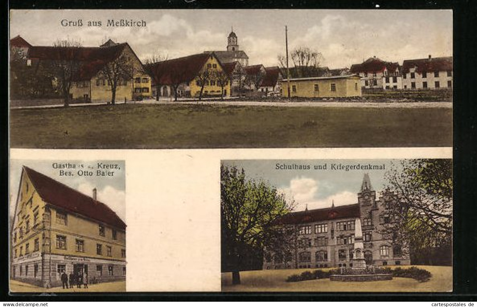 AK Messkirch, Gasthaus Z. Kreuz, Schulhaus U. Kriegerdenkmal, Ortspartie  - Other & Unclassified