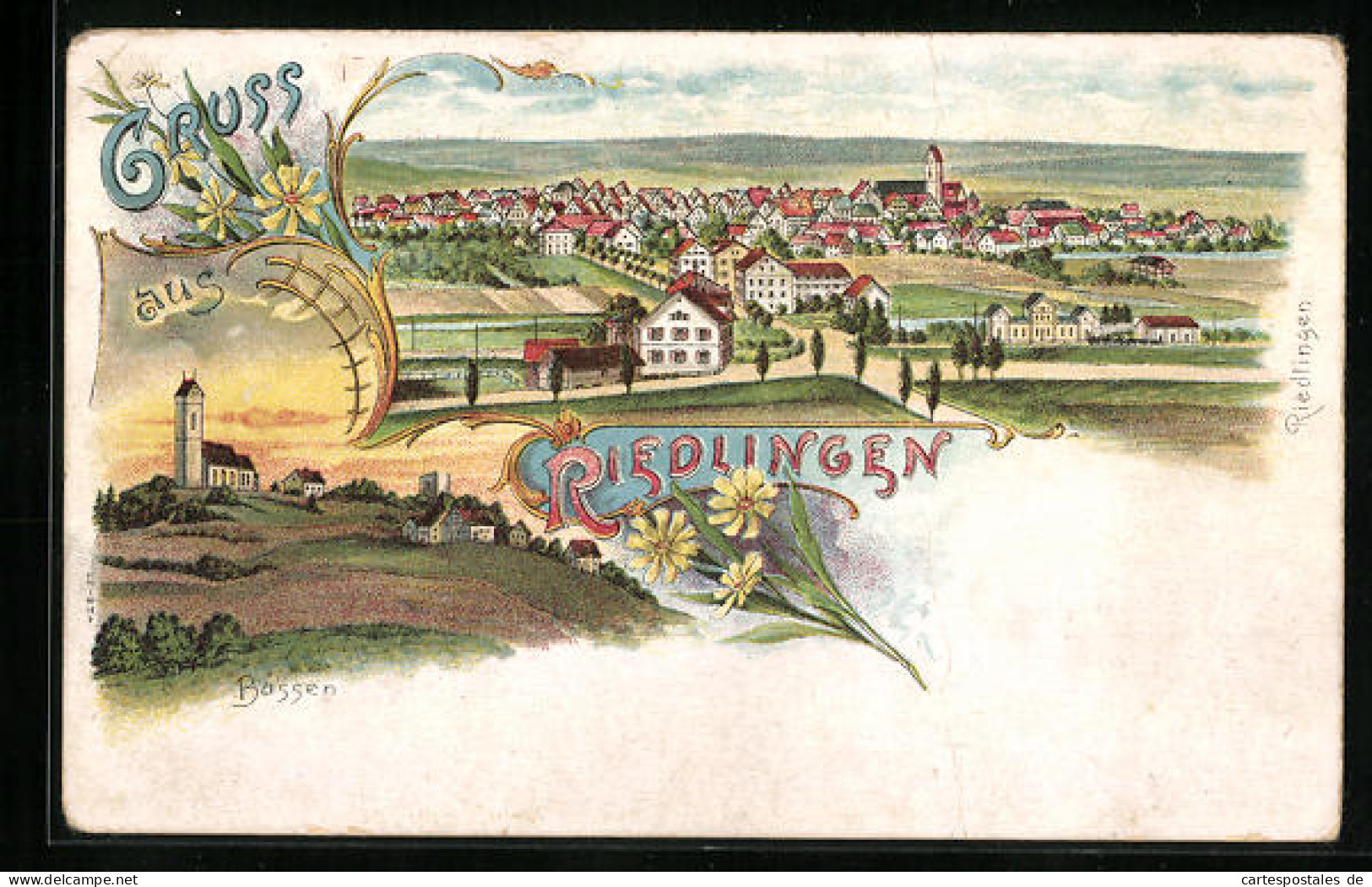 Lithographie Riedlingen, Ortsansicht Aus Der Vogelschau, Bussen Im Abendrot  - Sonstige & Ohne Zuordnung