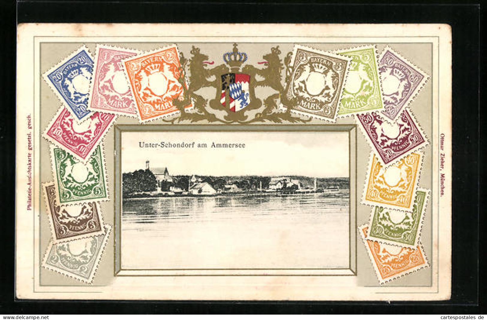 Präge-AK Unter-Schondorf, Blick Vom Ammersee Auf Den Ort, Bayerische Briefmarken  - Sellos (representaciones)