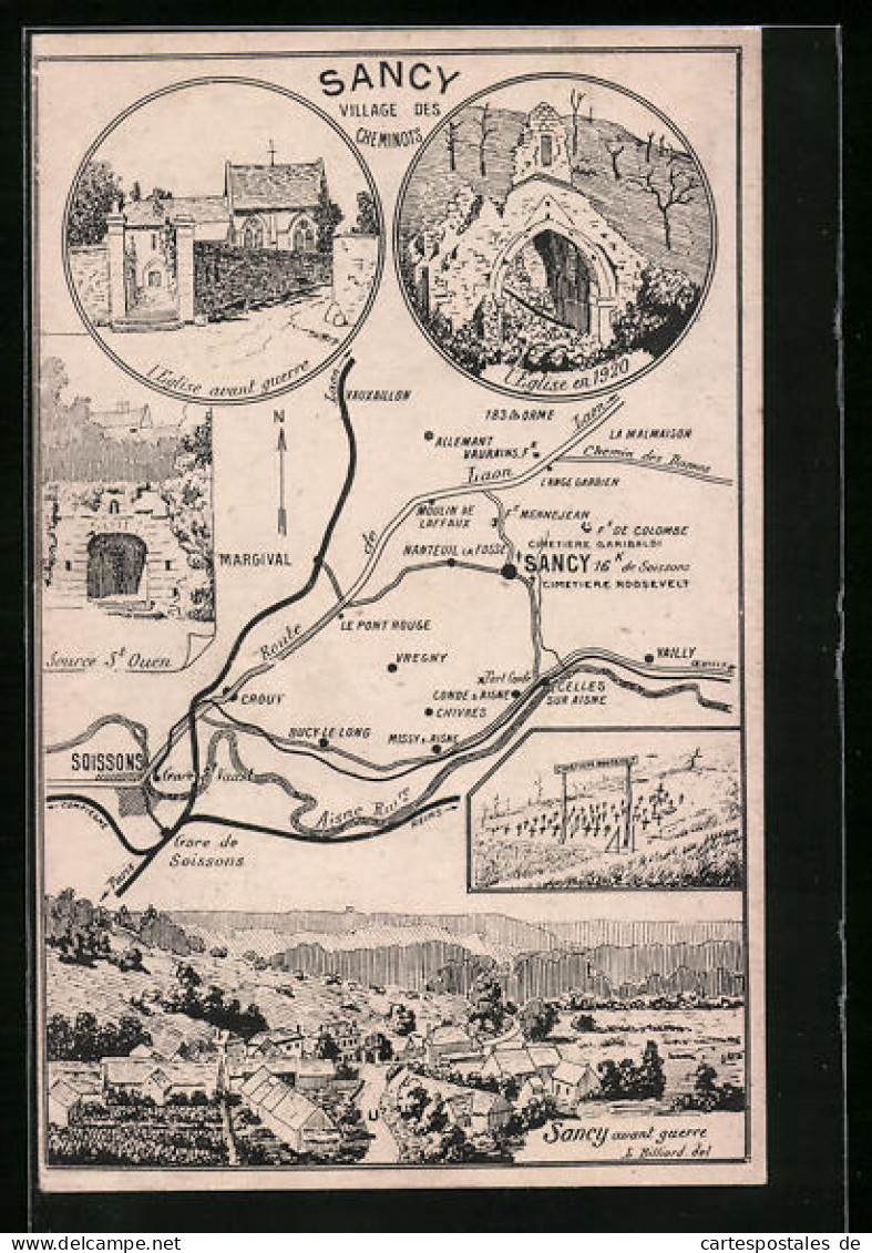 CPA Illustrateur Sancy, Village Des Cheminots, Source St. Ouen, L`Eglise En 1920 Et Avant Guerre  - Other & Unclassified