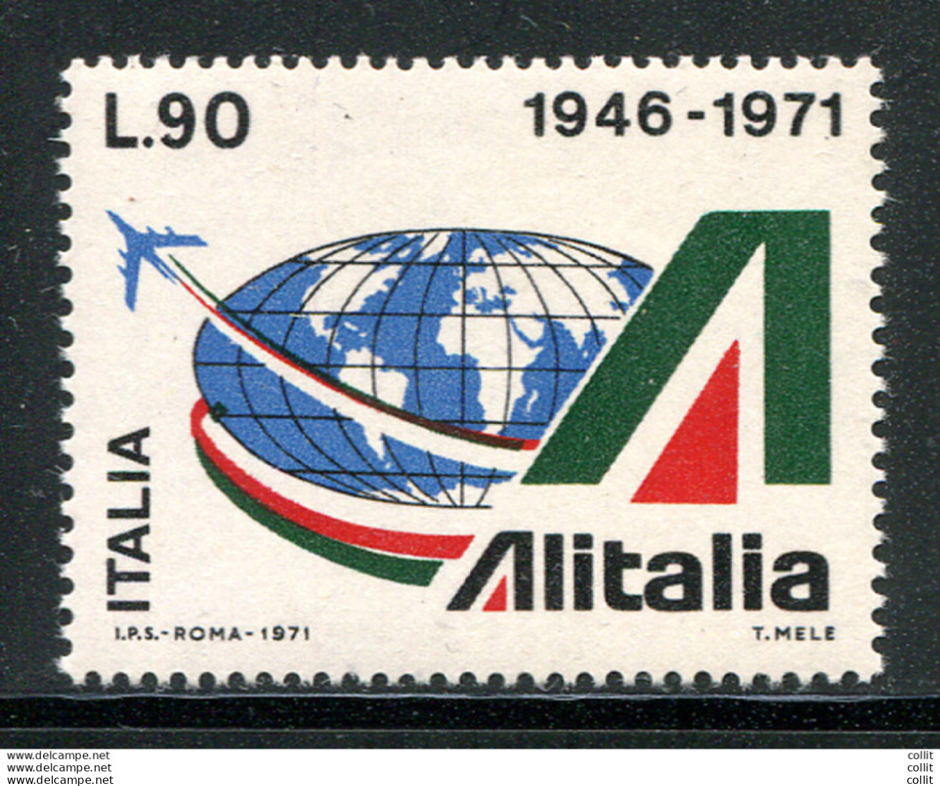 Alitalia Lire 90 Varietà Verde Spostato In Alto - Variétés Et Curiosités