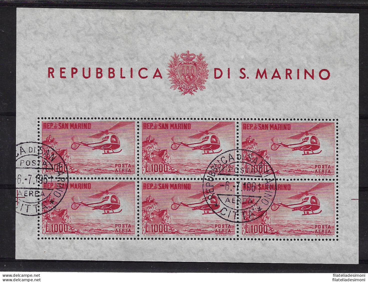 1961 SAN MARINO, Posta Aerea Foglietto 1.000 Lire Elicottero, 6/7/1961 - FDC - Other & Unclassified